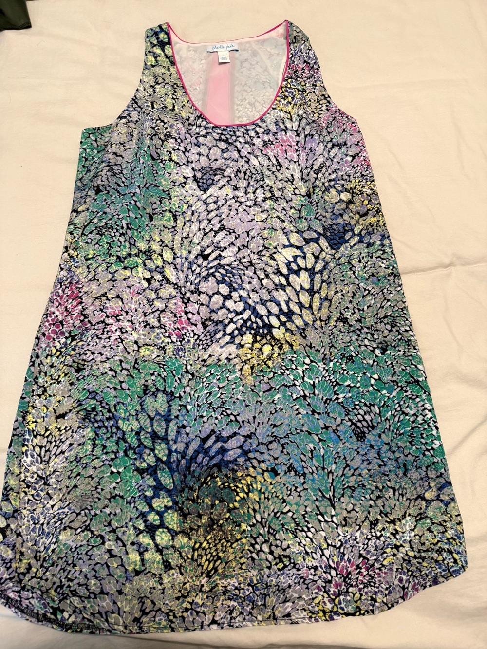 charlie jade Multicolor Floral Mosaic Tank Dress/Swim Cover with Pink Trim